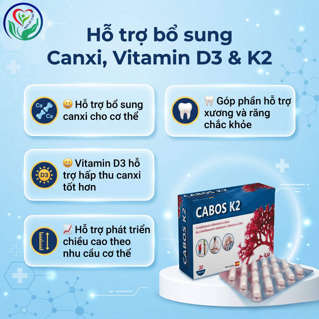 CABOS K2 30 viên bổ sung Canxi, Vitamin D3 K2 hỗ trợ xương răng chắc khỏe