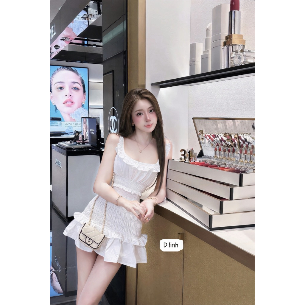 Váy chun thô 2 màu xanh- trắng