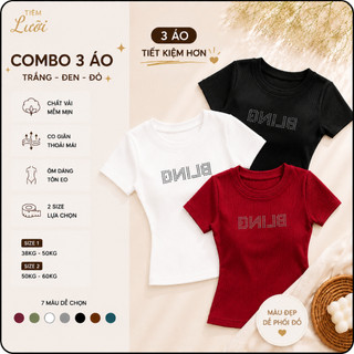 Combo 3 Áo Thun Tăm Nữ Tiệm Lười Áo Phông Gân Tăm Cổ Tròn Cộc Tay Co Giãn Tôn Eo Đính Đá Bling