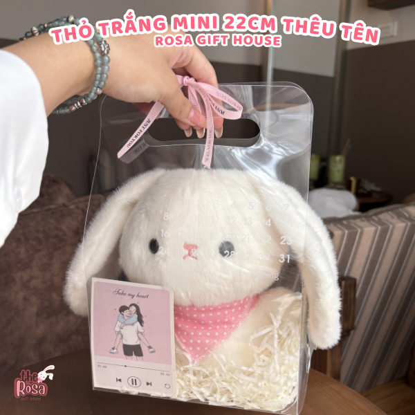 Thỏ Bông Mini 22cm Thêu Tai Theo Yêu Cầu Kèm Túi Quà Cao Cấp – Set Túi Quà Tặng Dễ Thương Cho Mọi Dịp