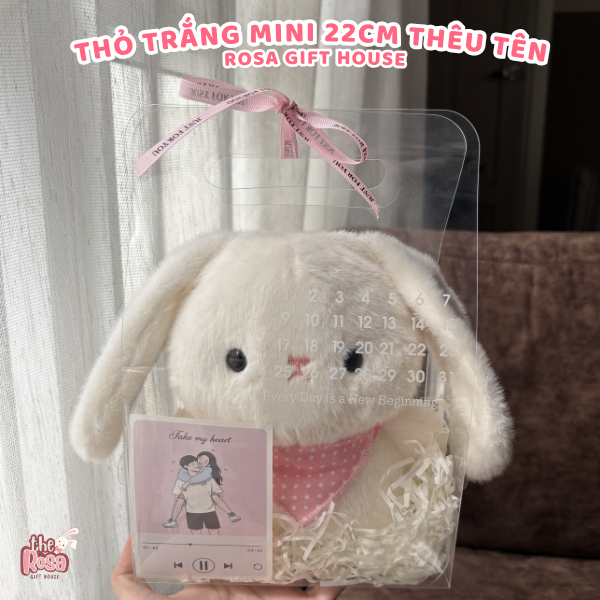 Thỏ Bông Mini 22cm Thêu Tai Theo Yêu Cầu Kèm Túi Quà Cao Cấp – Set Túi Quà Tặng Dễ Thương Cho Mọi Dịp
