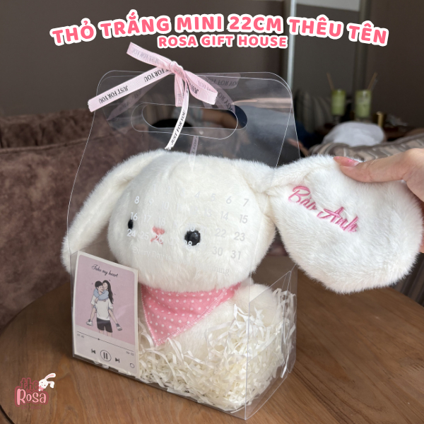 Thỏ Bông Mini 22cm Thêu Tai Theo Yêu Cầu Kèm Túi Quà Cao Cấp – Set Túi Quà Tặng Dễ Thương Cho Mọi Dịp