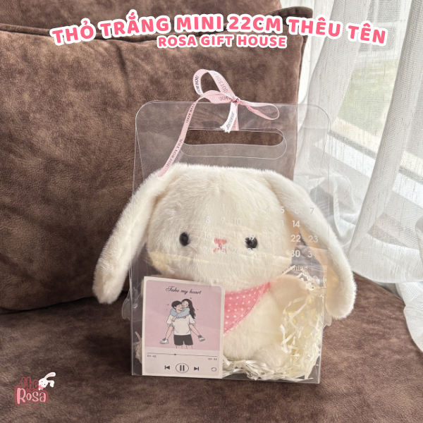 Thỏ Bông Mini 22cm Thêu Tai Theo Yêu Cầu Kèm Túi Quà Cao Cấp – Set Túi Quà Tặng Dễ Thương Cho Mọi Dịp