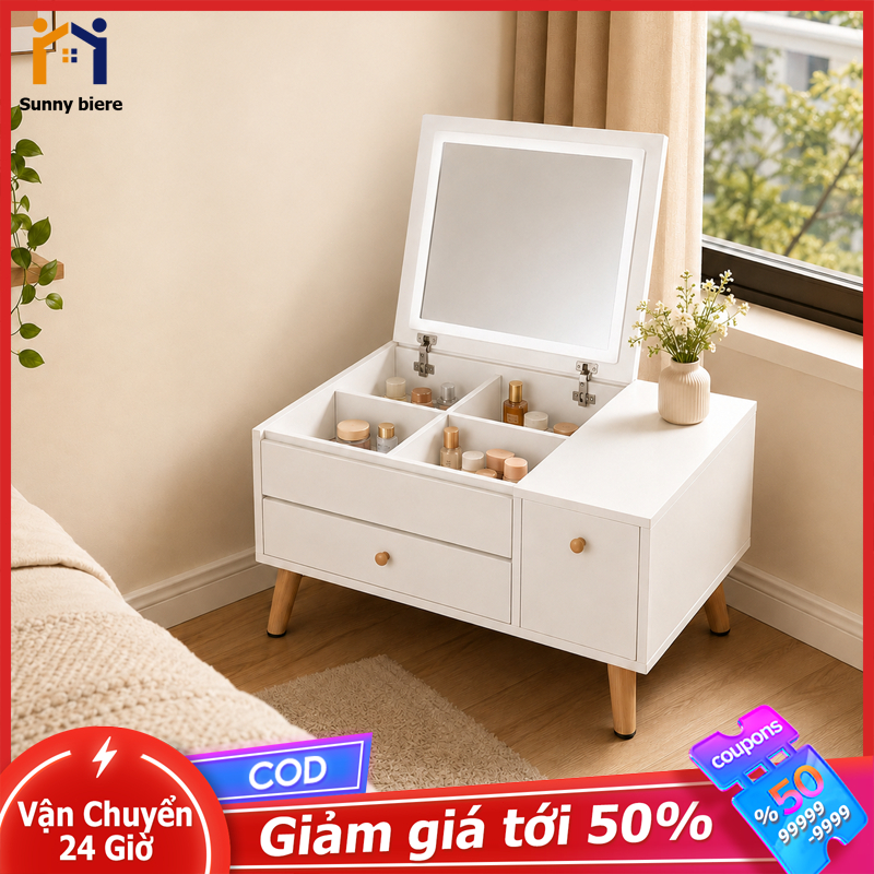 Bàn trang điểm ngồi bệt mini Có gương lật Ngăn chứa mỹ phẩm Tủ nhỏ đa năng Cho phòng ngủ 𝙎𝙐𝙉𝙉𝙔 𝘽𝙄𝙀𝙍𝙀