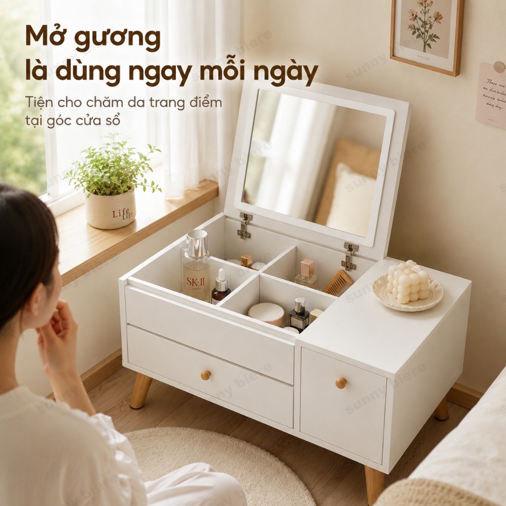 Bàn trang điểm ngồi bệt mini Có gương lật Ngăn chứa mỹ phẩm Tủ nhỏ đa năng Cho phòng ngủ 𝙎𝙐𝙉𝙉𝙔 𝘽𝙄𝙀𝙍𝙀