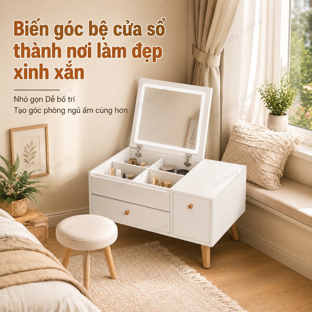 Bàn trang điểm ngồi bệt mini Có gương lật Ngăn chứa mỹ phẩm Tủ nhỏ đa năng Cho phòng ngủ 𝙎𝙐𝙉𝙉𝙔 𝘽𝙄𝙀𝙍𝙀
