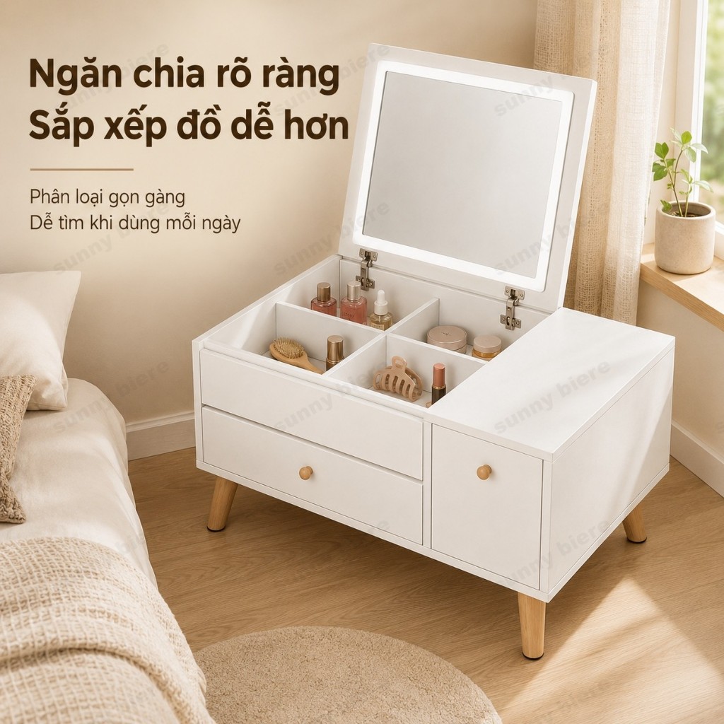 Bàn trang điểm ngồi bệt mini Có gương lật Ngăn chứa mỹ phẩm Tủ nhỏ đa năng Cho phòng ngủ 𝙎𝙐𝙉𝙉𝙔 𝘽𝙄𝙀𝙍𝙀