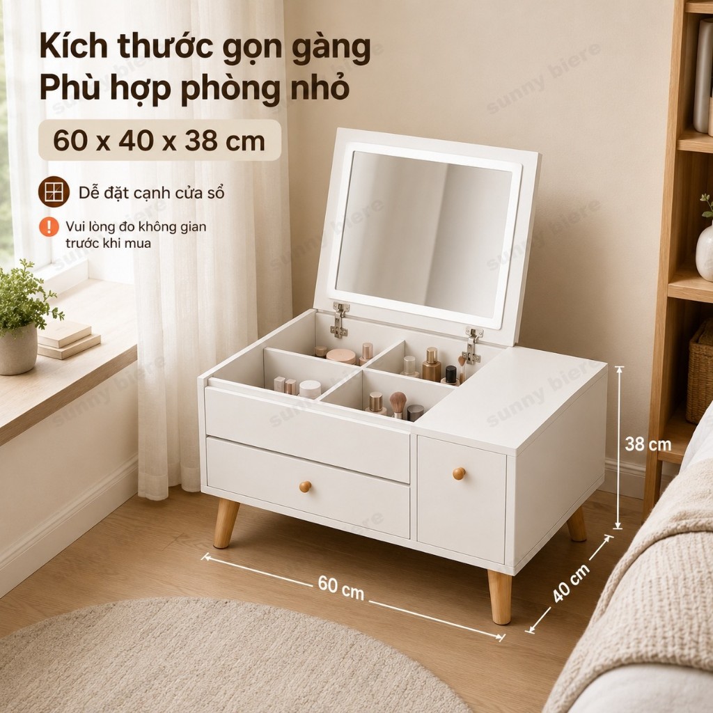 Bàn trang điểm ngồi bệt mini Có gương lật Ngăn chứa mỹ phẩm Tủ nhỏ đa năng Cho phòng ngủ 𝙎𝙐𝙉𝙉𝙔 𝘽𝙄𝙀𝙍𝙀