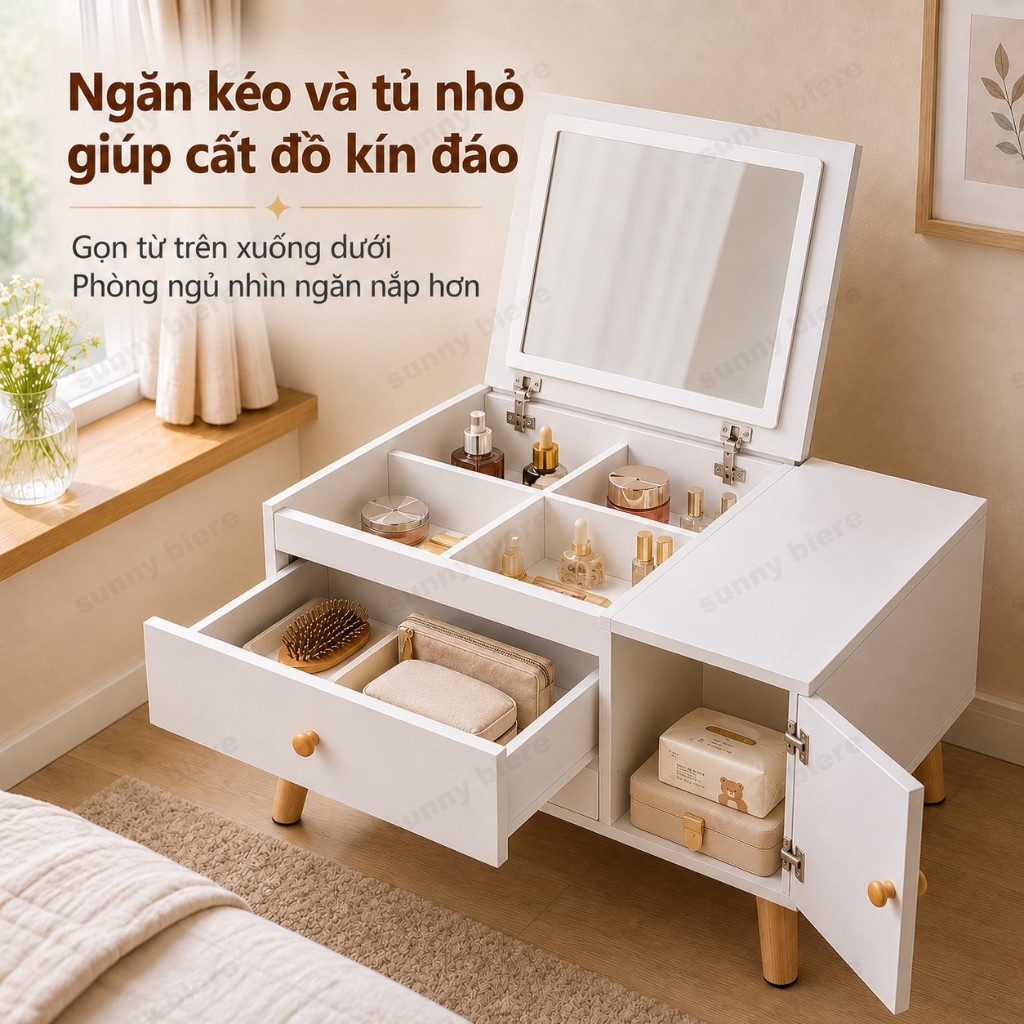 Bàn trang điểm ngồi bệt mini Có gương lật Ngăn chứa mỹ phẩm Tủ nhỏ đa năng Cho phòng ngủ 𝙎𝙐𝙉𝙉𝙔 𝘽𝙄𝙀𝙍𝙀