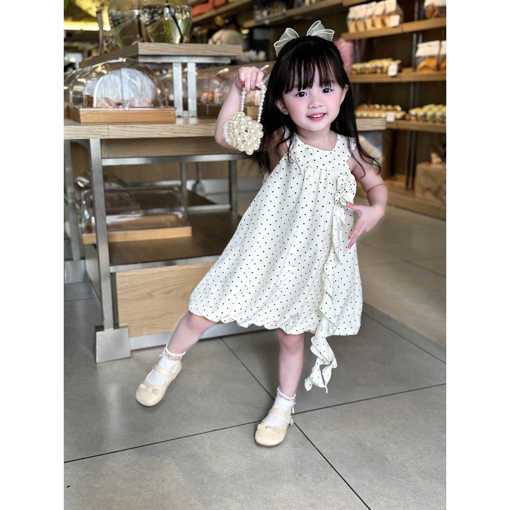 Váy Yếm Chấm Bi Đính Hoa Dáng Bí Cho Bé Gái Đầm Bé Gái 8-30kg Chất Đũi Mềm Mát Mặc Đi Chơi, Đi Tiệc