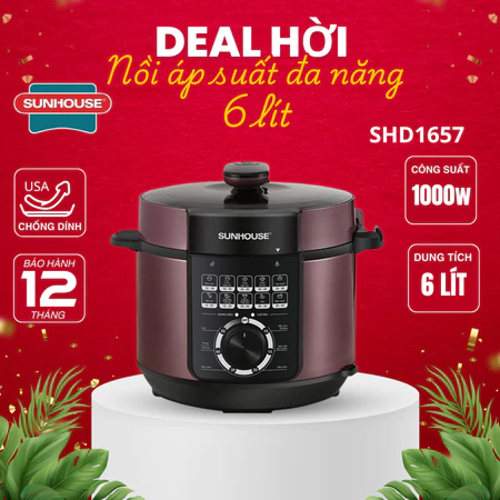 [MỚI NHẤT] Nồi áp suất điện đa năng Sunhouse SHD1657 | Dung tích 6L | Công suất 1000W | BH 1 năm