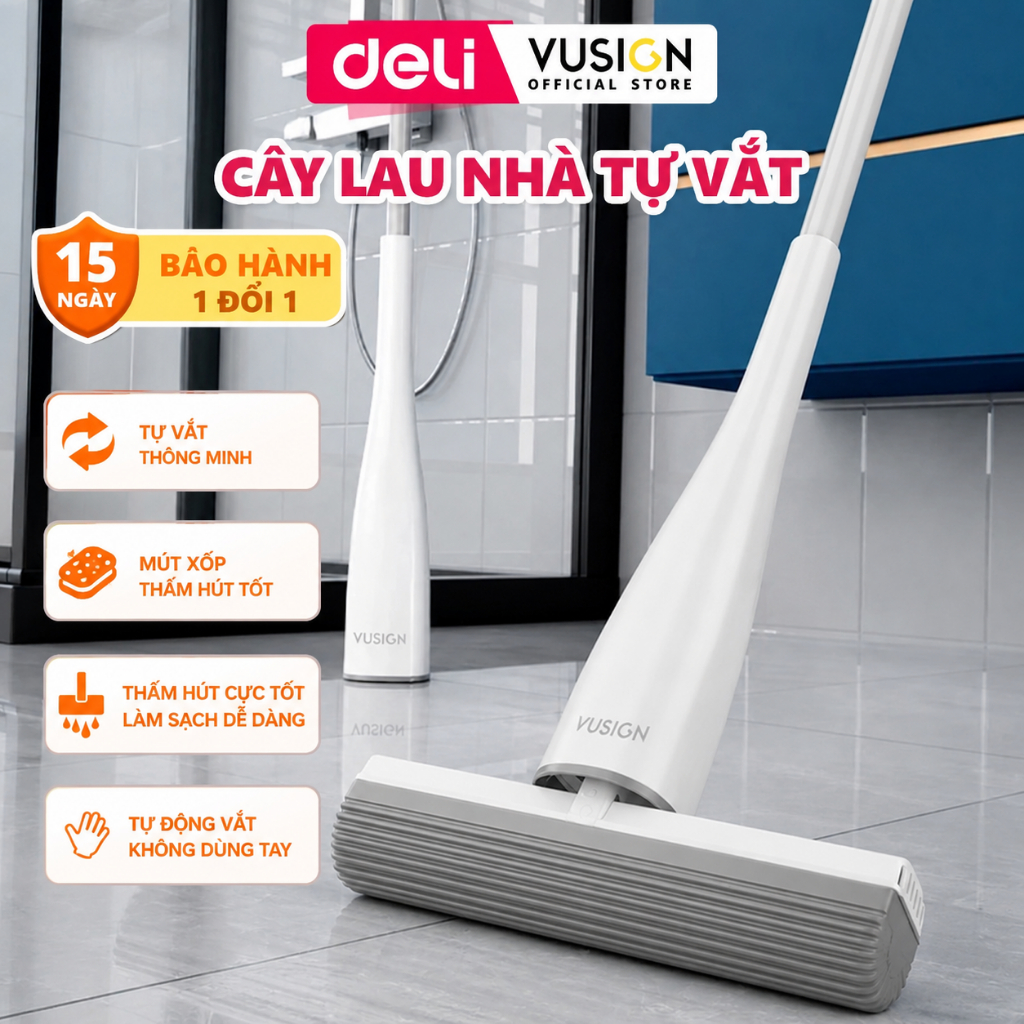 Cây lau nhà mút xốp cao su tự vắt thông minh DelixVusign cao cấp siêu thấm hút tiện lợi dễ dàng