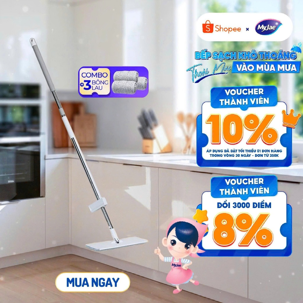 Combo 3 bông + Cây Lau Nhà 125cm MyJae Đài Loan Sợi Polyester Kéo Vắt Thông Minh 360 Độ