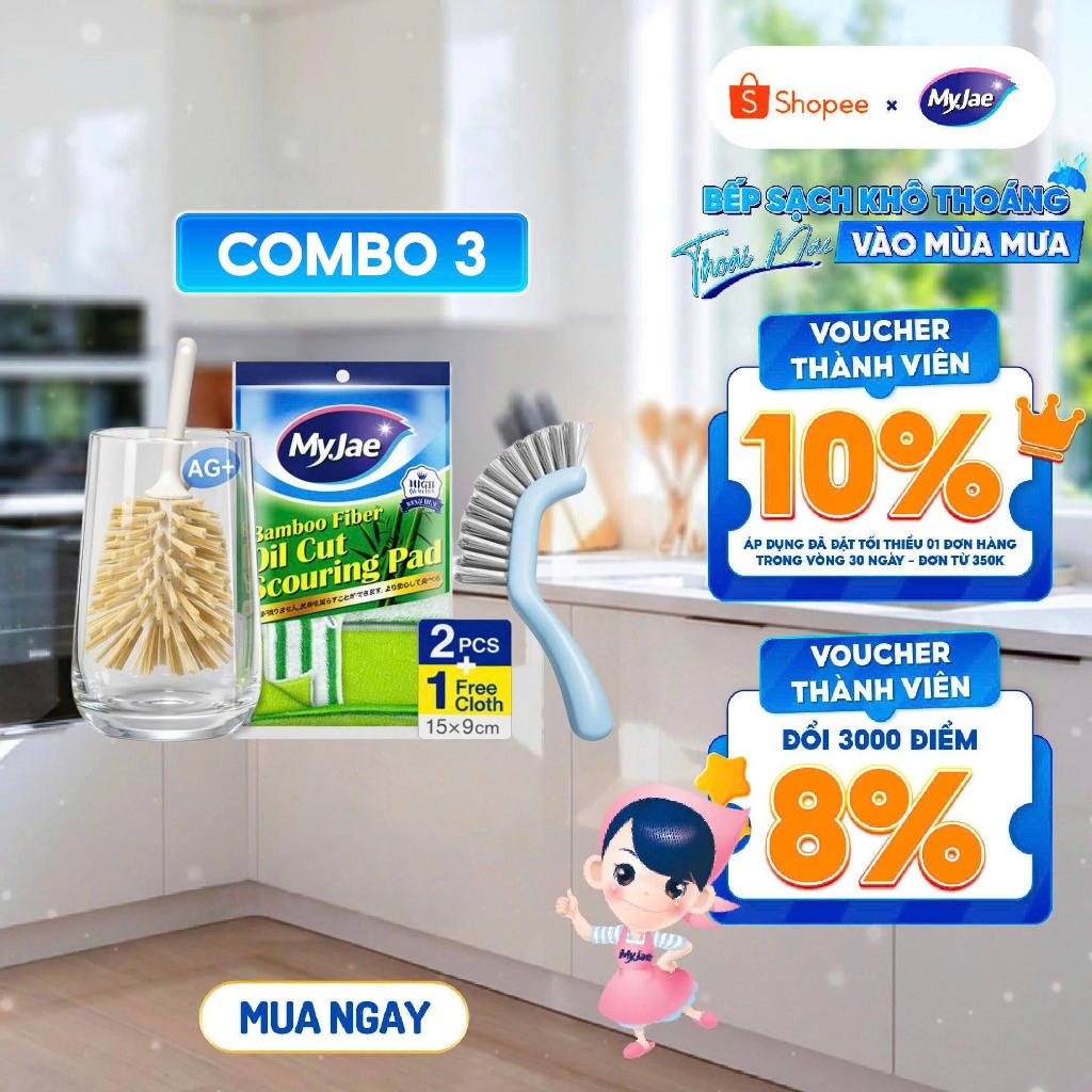 COMBO 3 món [Miếng rửa chén+Cây rửa ly+Bàn chải khe hẹp] - Bộ vệ sinh dụng cụ & không gian bếp