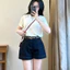 Quần Short Jean Hari Nữ Cạp Cao Xanh Than Chỉ Nổi Basic Dễ Phối Đồ Đi Chơi Đi Biển