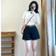 Quần Short Jean Hari Nữ Cạp Cao Xanh Than Chỉ Nổi Basic Dễ Phối Đồ Đi Chơi Đi Biển