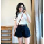 Quần Short Jean Hari Nữ Cạp Cao Xanh Than Chỉ Nổi Basic Dễ Phối Đồ Đi Chơi Đi Biển