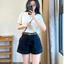 Quần Short Jean Hari Nữ Cạp Cao Xanh Than Chỉ Nổi Basic Dễ Phối Đồ Đi Chơi Đi Biển