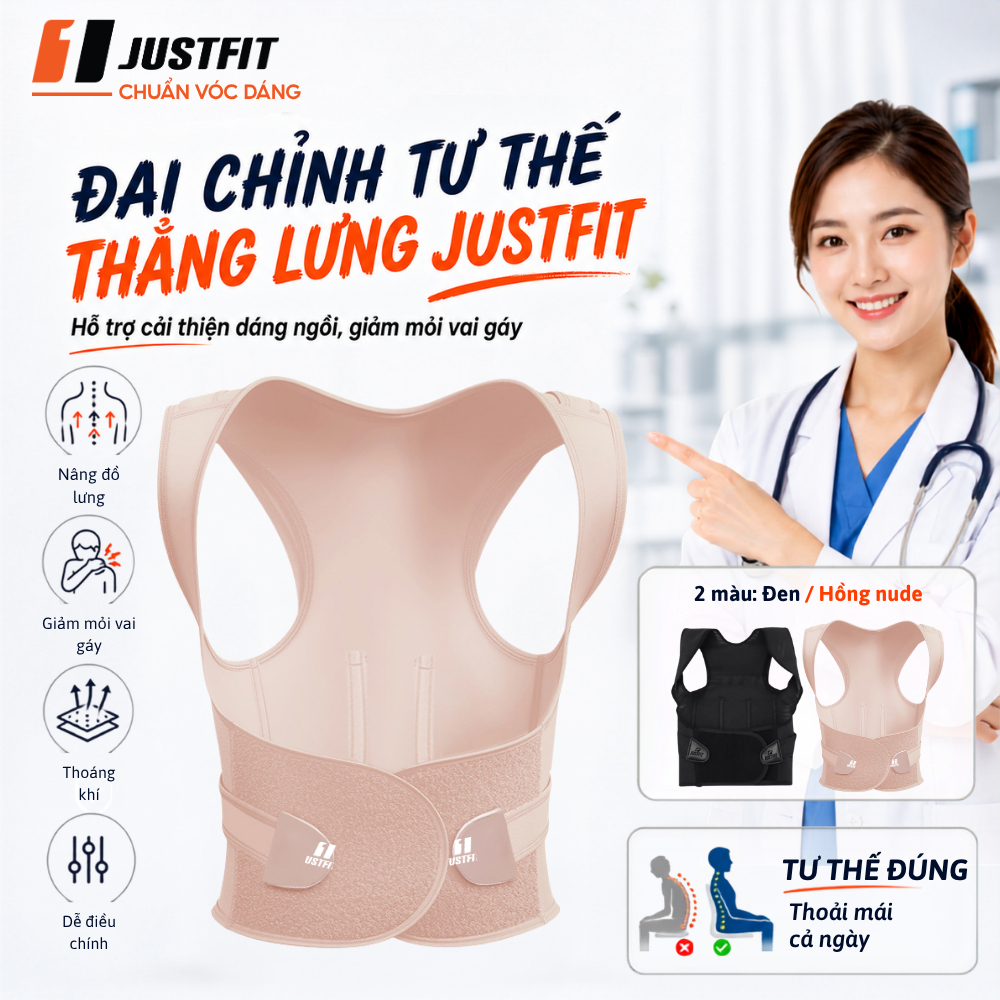 Đai chống gù lưng JUSTFIT, hỗ trợ định hình, cải thiện vóc dáng, có nẹp hỗ trợ thẳng lưng điều chỉnh dáng đi cơ thể