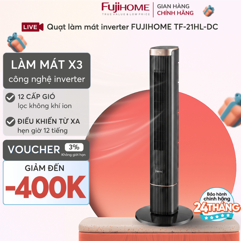 Quạt tháp Inverter làm mát nhanh TF-21HL.DC Nhập Khẩu FUJIHOME, quạt điện cây lọc không khí sạch