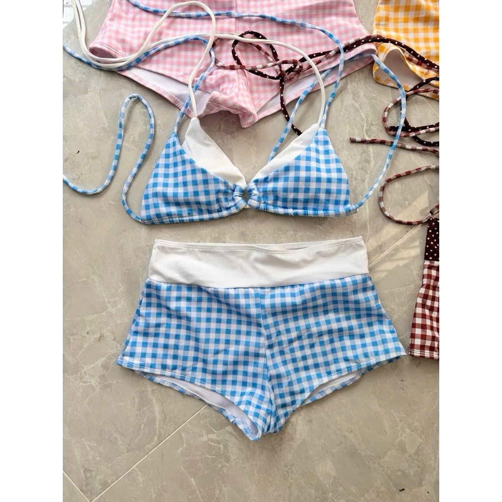 HAN.T SHOP. SẴN HCM Set đi biển hai mảnh quần đùi caro VINTAGE sang chảnh cho nữ