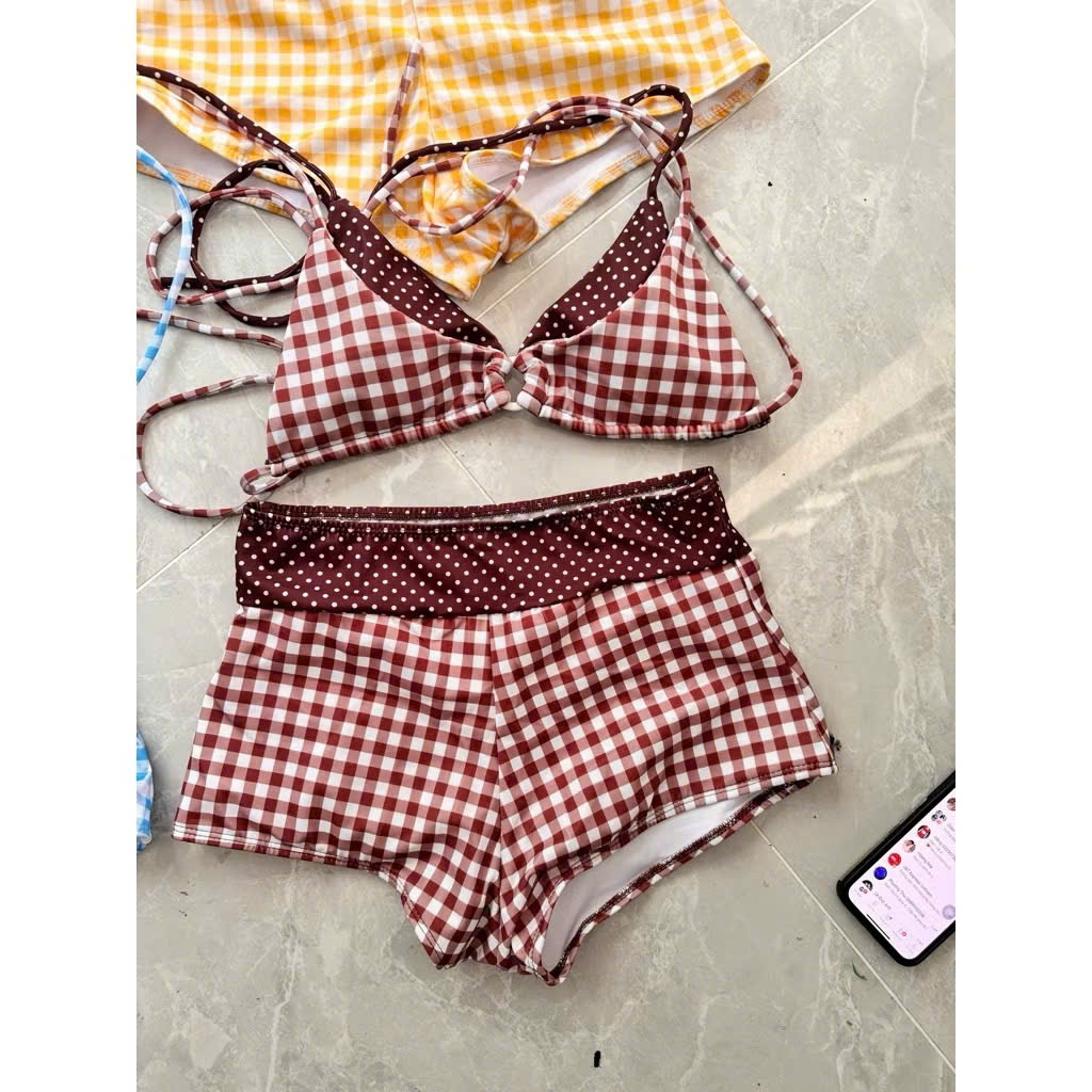HAN.T SHOP. SẴN HCM Set đi biển hai mảnh quần đùi caro VINTAGE sang chảnh cho nữ