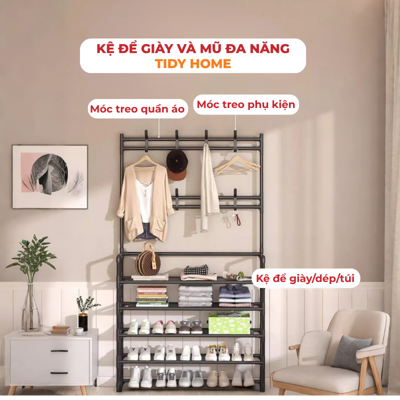 [HÀNG LOẠI 1] Kệ giày đa năng có móc treo đồ  khung thép chắc chắn lắp ráp nhanh