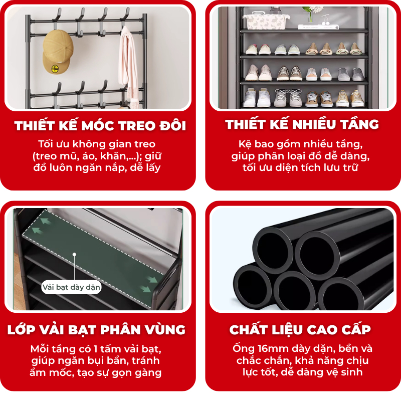 [HÀNG LOẠI 1] Kệ giày đa năng có móc treo đồ  khung thép chắc chắn lắp ráp nhanh