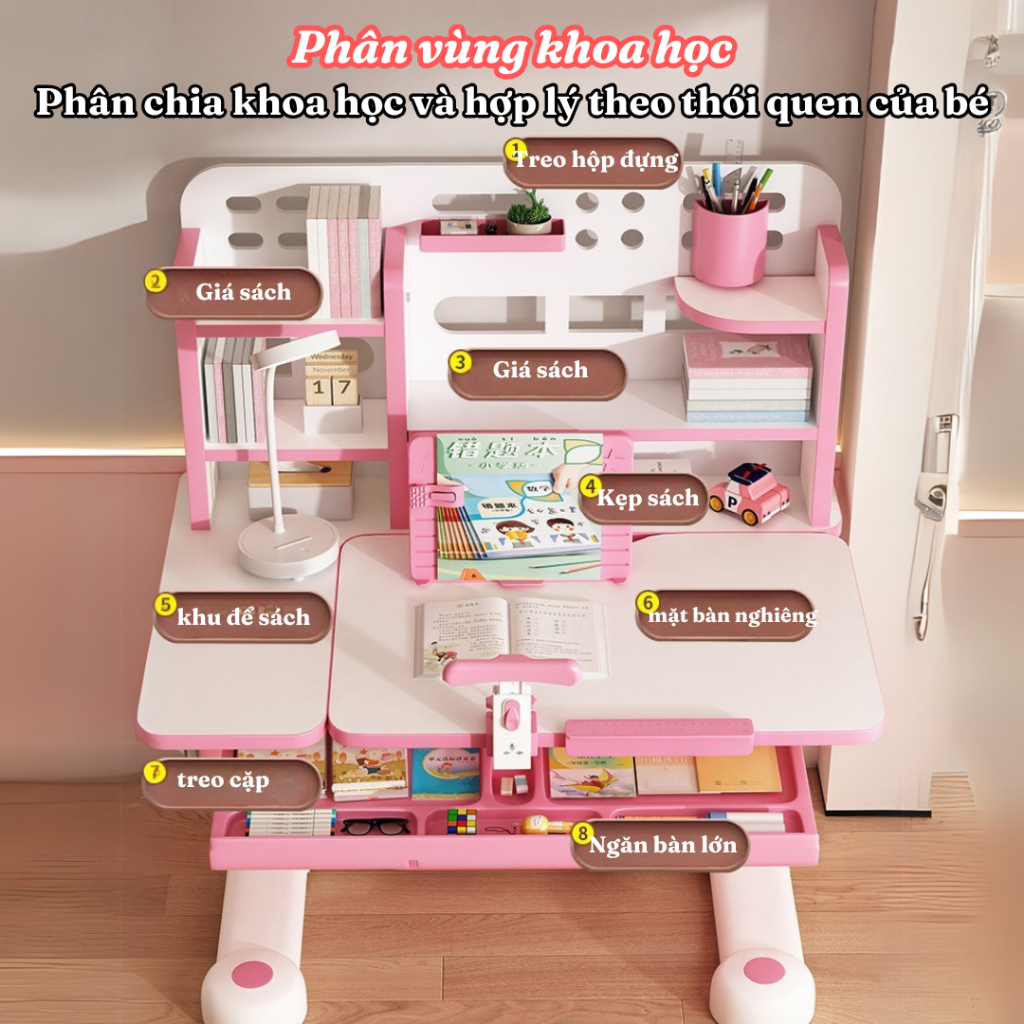 Bộ Bàn học chống gù C12 Cải Tiến Smartkids size lớn 60x80, mặt bàn nghiêng 2/3 bằng piston, có ngăn kéo