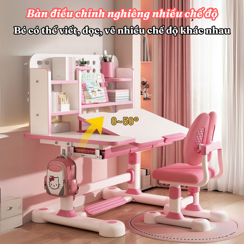 Bộ Bàn học chống gù C12 Cải Tiến Smartkids size lớn 60x80, mặt bàn nghiêng 2/3 bằng piston, có ngăn kéo