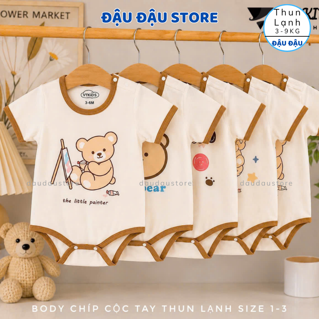 Set 2/3 body chip bodysuit cộc tay thun lạnh cho bé sơ sinh từ 3-9 kg mềm mại cho bé trai bé gái VT Đậu Đậu Store