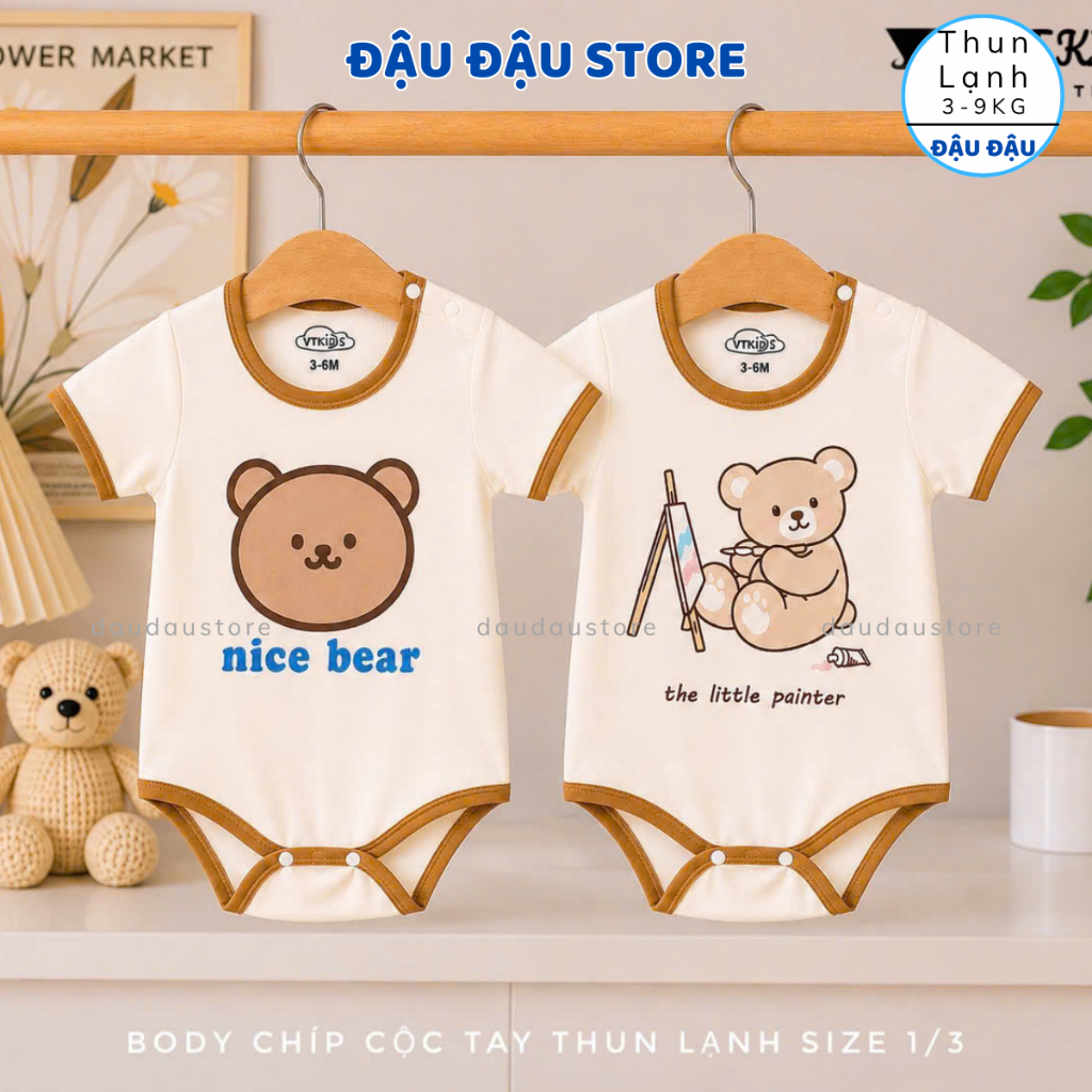 Set 2/3 body chip bodysuit cộc tay thun lạnh cho bé sơ sinh từ 3-9 kg mềm mại cho bé trai bé gái VT Đậu Đậu Store