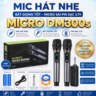 Micro Karaoke Không Dây Đa Năng  DM300 - Sử Dụng Cho Loa Kéo, Vang, Amply, Dàn Karaoke, 2 Tay Míc Sài Pin Sạc 3.7v