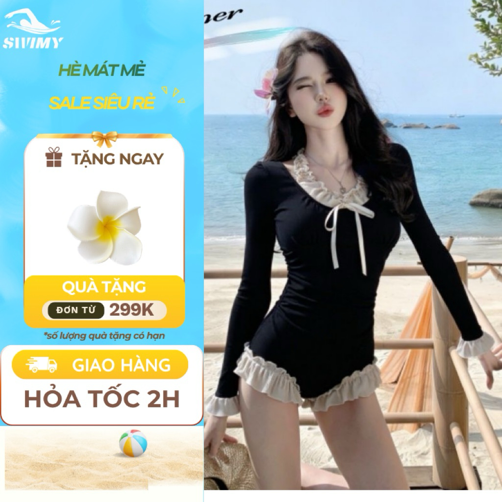 Bikini Đồ Bơi 1 Mảnh Dài Tay Cao Cấp SWIMY Bodysuit Váy Đi Biển Nữ Kín Đáo