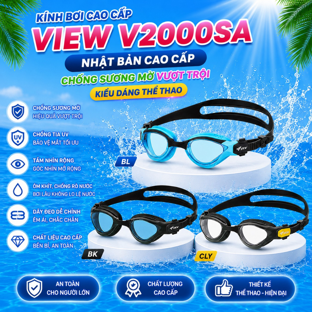 Kính bơi View V2000SA Nhật thiết kế thời trang cao cấp, chống tia UV, chống nước và sương mờ rất tốt