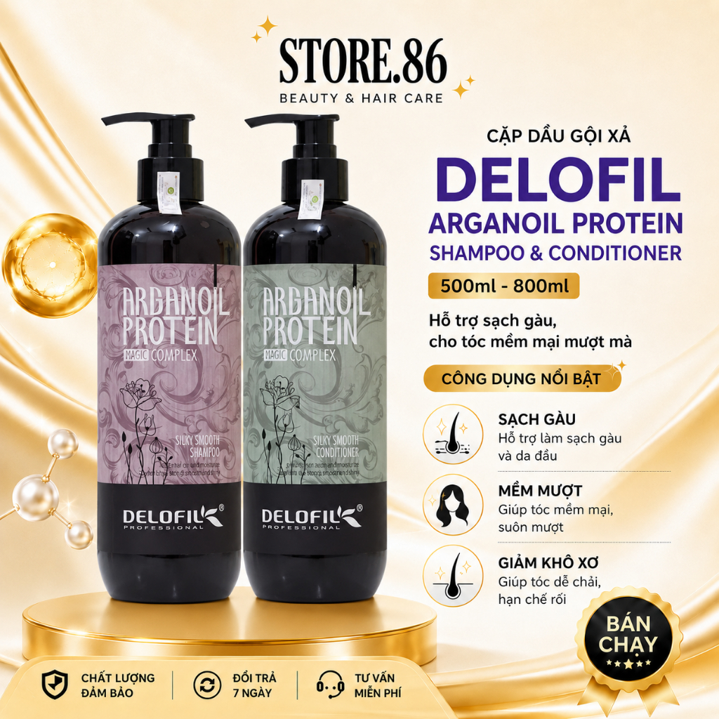Dầu Gội Xả DELOFIL Arganoil Protein 500ml - 800ml | Sạch Gàu, Sạch Thoáng Da Đầu, Dưỡng Tóc Mềm Mượt