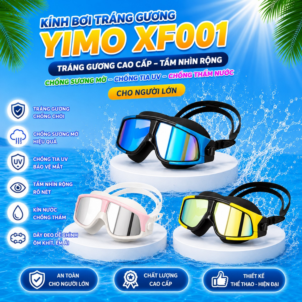 Kính bơi thời trang YIMO XF001 cao cấp, bền đẹp, chống lóa và chống nước tốt, có cả phiên bản thường và tráng gương