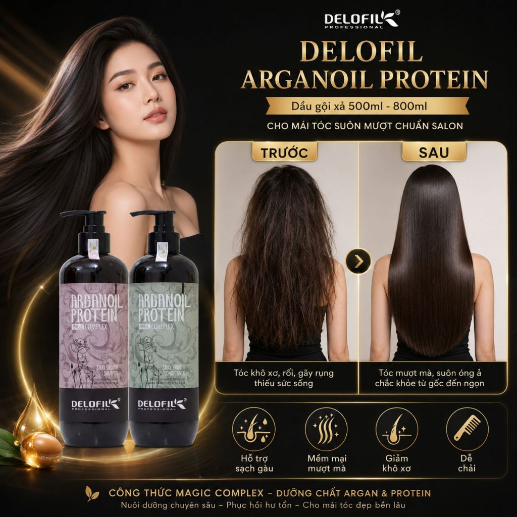 Dầu Gội Xả DELOFIL Arganoil Protein 500ml - 800ml | Sạch Gàu, Sạch Thoáng Da Đầu, Dưỡng Tóc Mềm Mượt