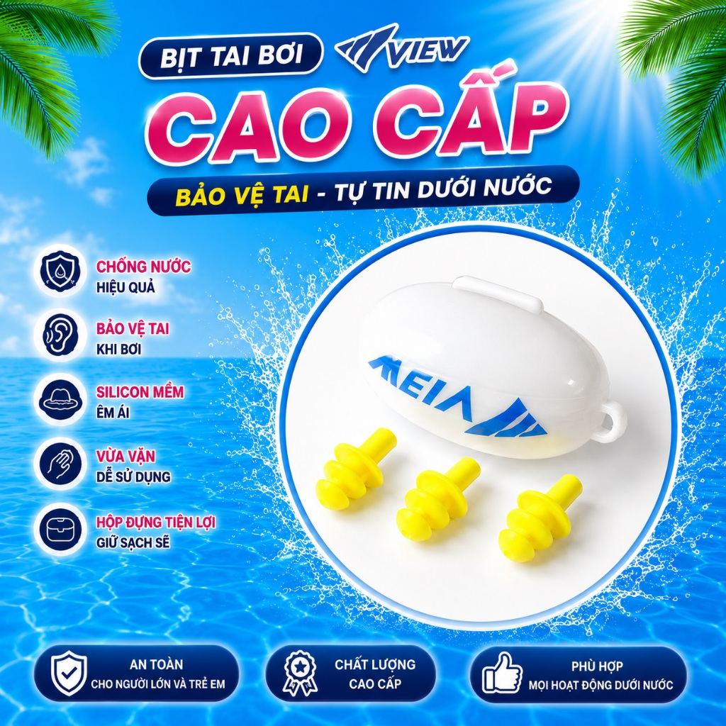 Bịt tai bơi View cao cấp chống nước cực tốt, chất liệu silicone êm ái và an toàn cho da