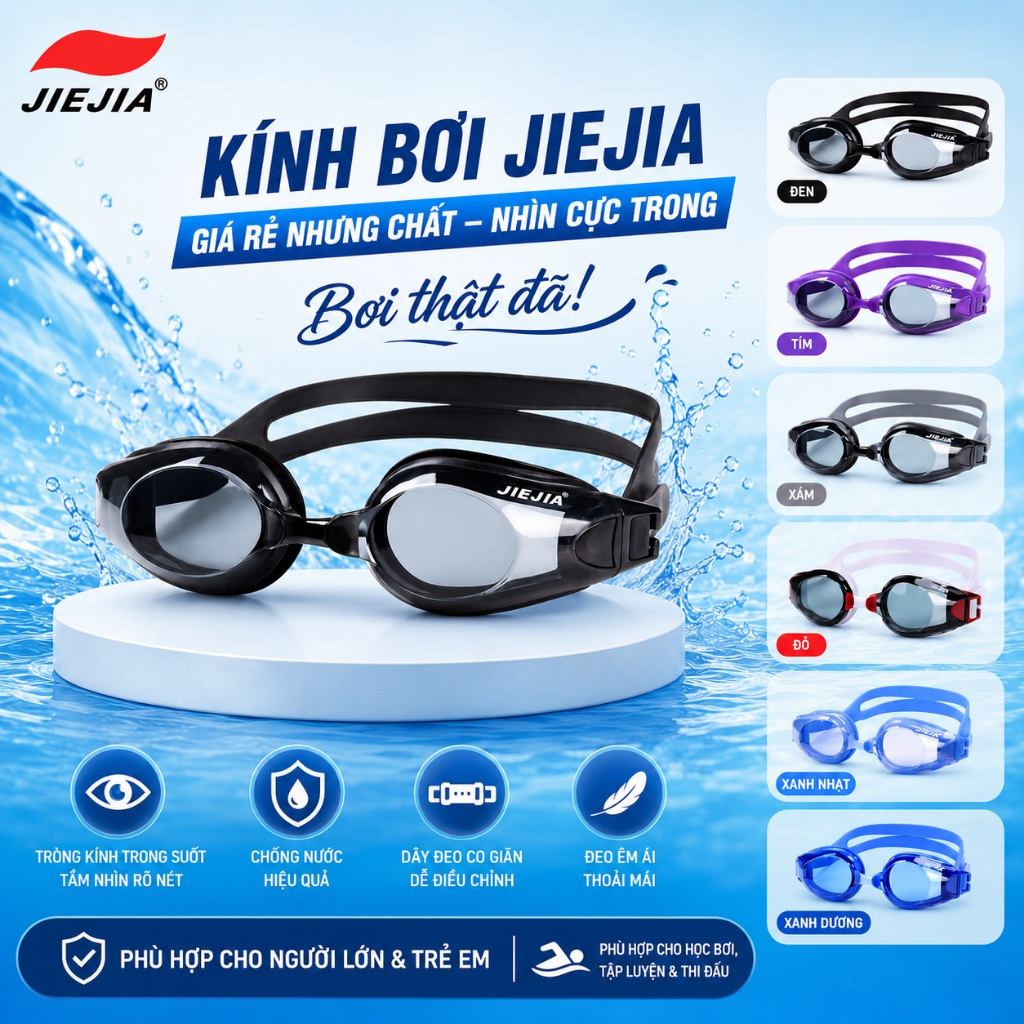 Kính bơi JIEJIA cao cấp giá rẻ, thiết kế trẻ trung, chống nước và sương mờ tốt
