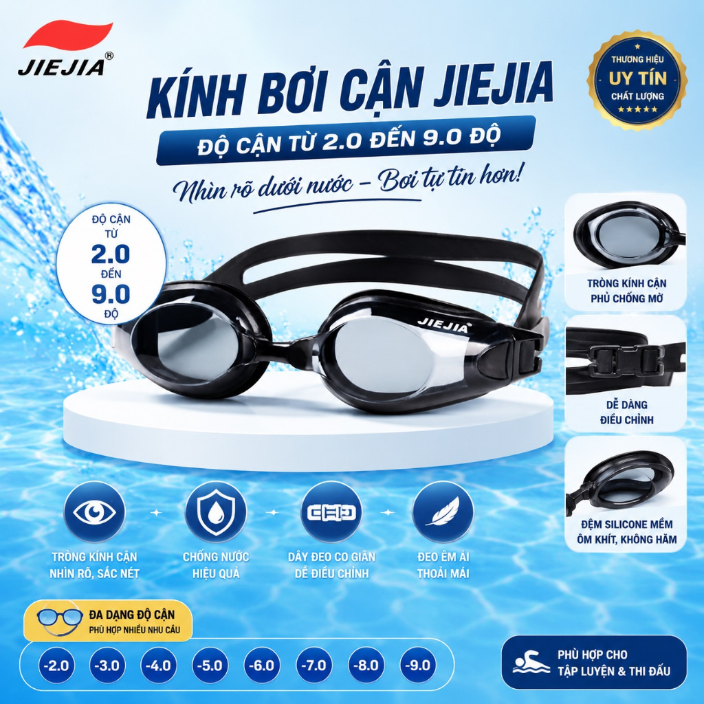 Kính bơi cận YINGFA, JIEJIA, JIEHU, kính bơi cận góc rộng SUZE từ 2-9 độ cho người lớn và trẻ em
