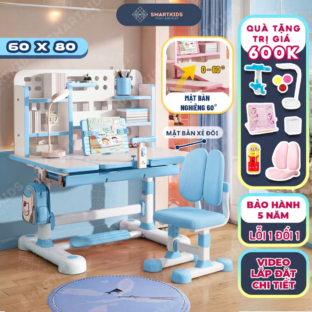 Bộ Bàn học chống gù C12 Cải Tiến Smartkids size lớn 60x80, mặt bàn nghiêng 2/3 bằng piston, có ngăn kéo