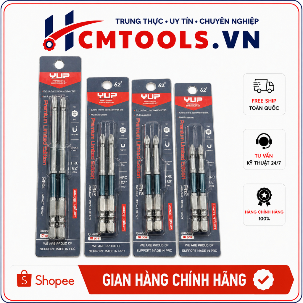 CHÍNH HÃNH Mũi vít PH2 - YUPAI - YUP siêu cứng chống trượt  -dài 65-150mm thép HRC 62 đuôi HEX 6.35M