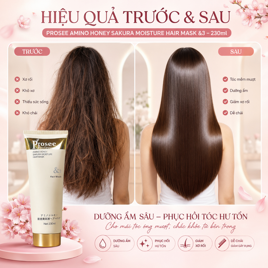Hấp Tóc Prosee Profession Amino Honey Sakura 230ml PT1/PT2/PT3 | Dưỡng Tóc Mềm Mượt, Bổ Sung Độ Ẩm