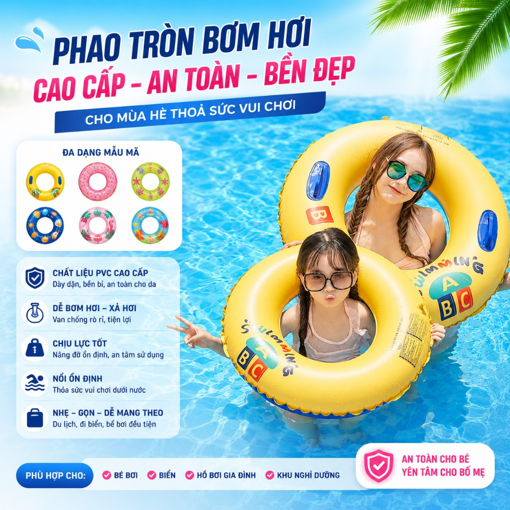 Phao tròn tập bơi cho trẻ em và người lớn, phao bơi tròn chất liệu cao cấp, tiện dụng và an toàn (giá / 1 phao)+BƠM