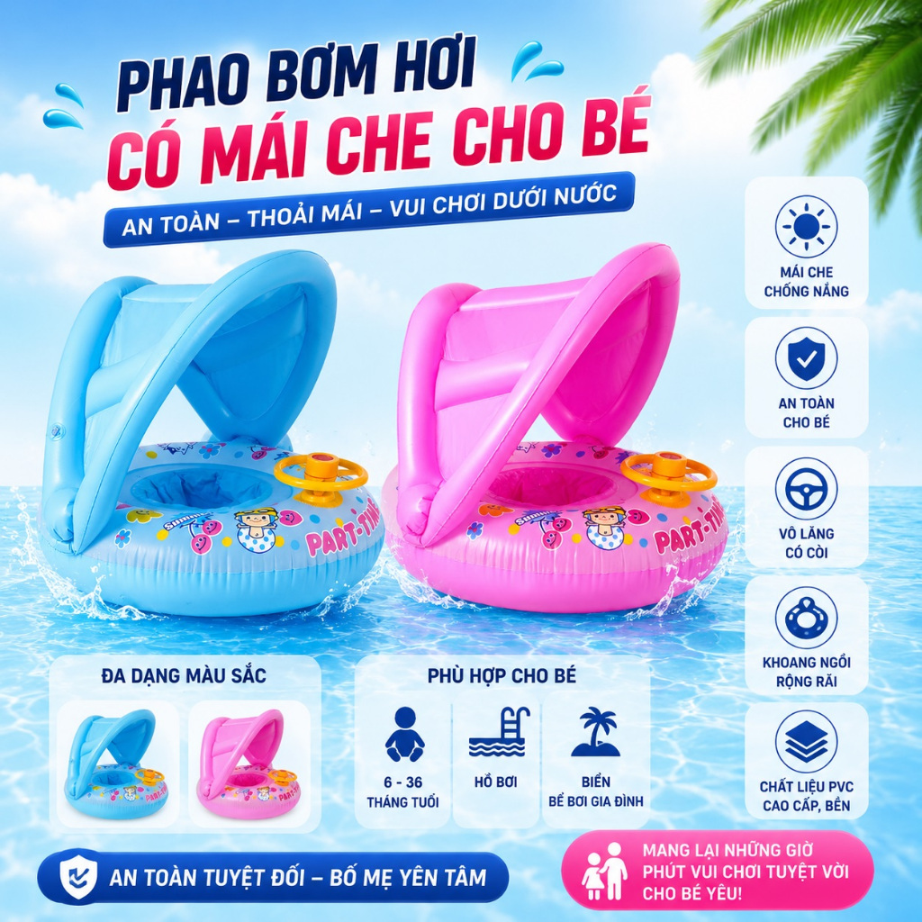 Phao bơm hơi có mái che cho bé yêu, bền đẹp hấp dẫn bé, van thổi 1 chiều an toàn chắc chắn + BƠM