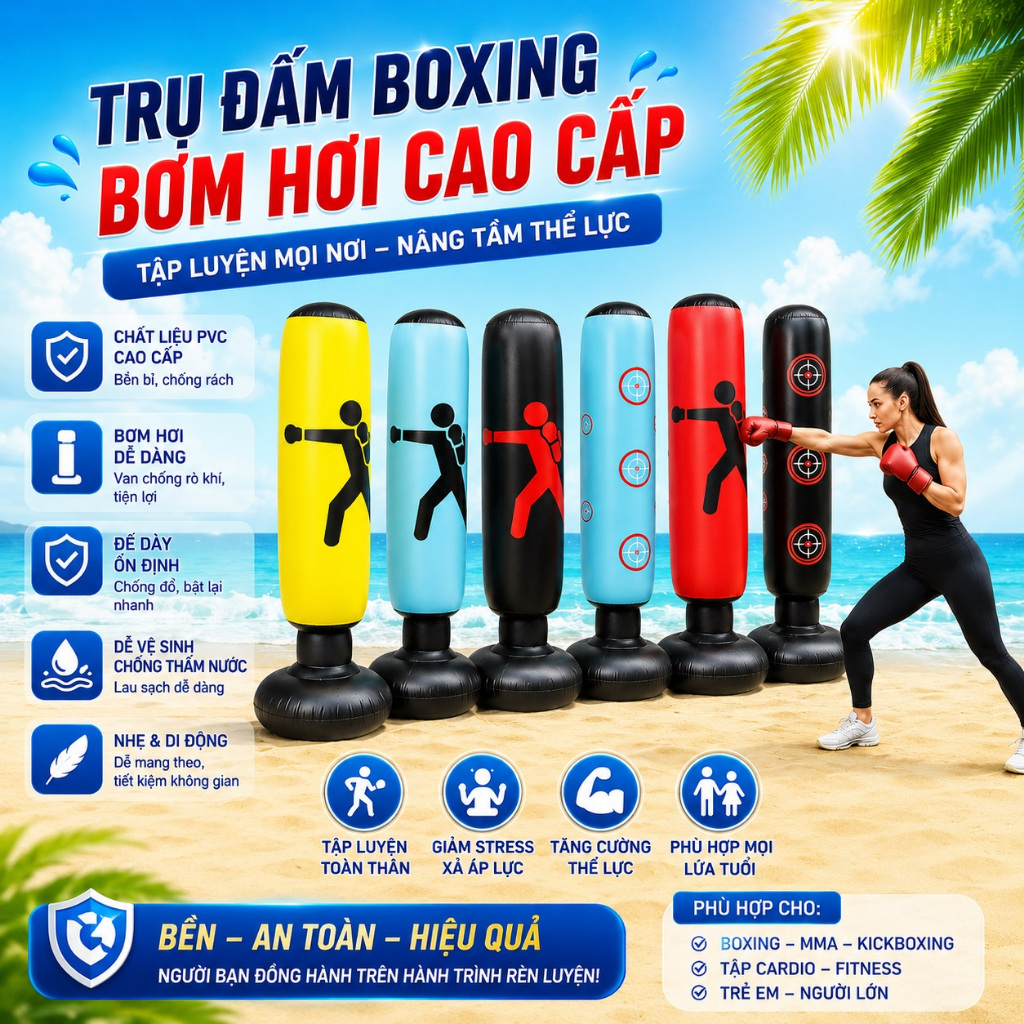 Trụ Đấm Bốc Tự Cân Bằng Bơm Hơi Cao Cấp, Tập Boxing Muay Thái Karate, trụ cao 1.2-1.6m