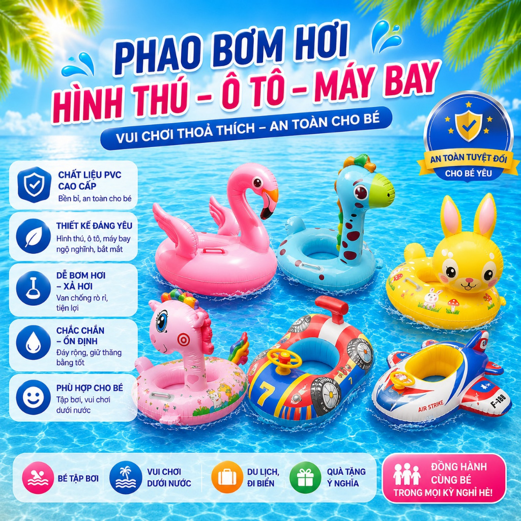 Phao Bơm Hơi Trẻ Em Hình Thú Ô Tô Máy Bay, Phao Tập Bơi Cho Bé, Phao Bơi Trẻ Em An Toàn Cao Cấp + BƠM