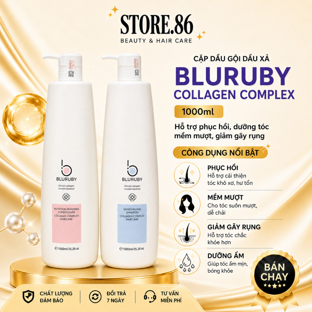 Cặp Dầu Gội Xả BLURUBY Huyết Thanh | Nano Collagen 1000ml Dưỡng Tóc Mềm Mượt, Bóng Khỏe Chuẩn Salon