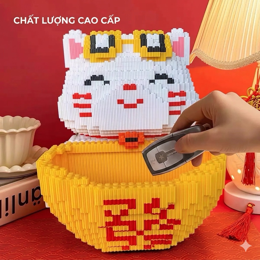 Đồ Chơi Lắp Ráp Mèo Thần Tài Nguyên Bảo Yuanbao Có Khay Đựng Đồ - Mô Hình Khối Lắp Ráp Mini May Mắn Decor Bàn Làm Việc